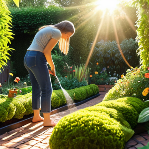 Home 4 ** A lush garden being tended to with care. A person is watering the plants. Sunlight is shining. The garden symbolizes resilience, with plants representing growth from challenges. Warm, inviting colors. Focus on the act of nurturing.
**