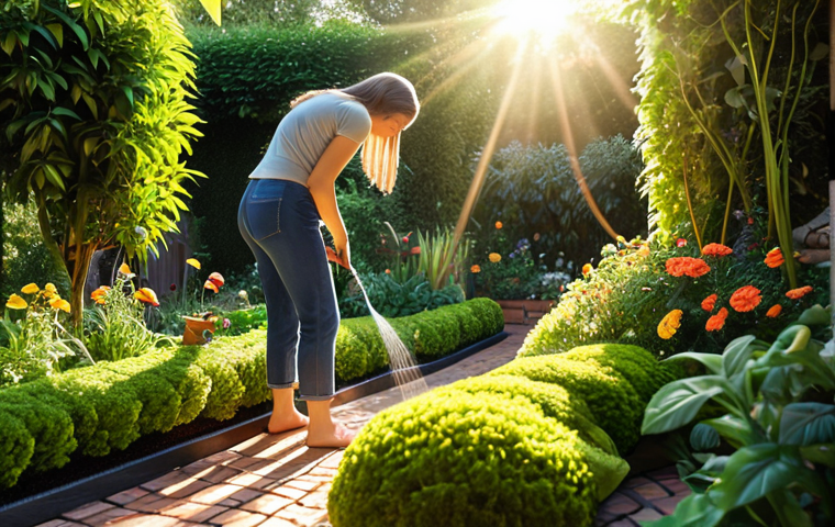 ** A lush garden being tended to with care. A person is watering the plants. Sunlight is shining. The garden symbolizes resilience, with plants representing growth from challenges. Warm, inviting colors. Focus on the act of nurturing.
**