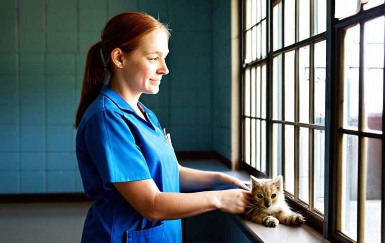 "A professional volunteer in appropriate attire, assisting at a local animal shelter. Sunlight filters through the windows, highlighting the care and compassion in her face. Safe for work, perfect anatomy, natural proportions, professional photography, high quality, fully clothed, modest."